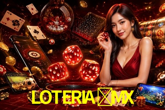 Escena dinámica inspirada en casino con iluminación LOTERIA-MX, cartas, fichas e íconos de juegos digitales en un espacio moderno de juegos.