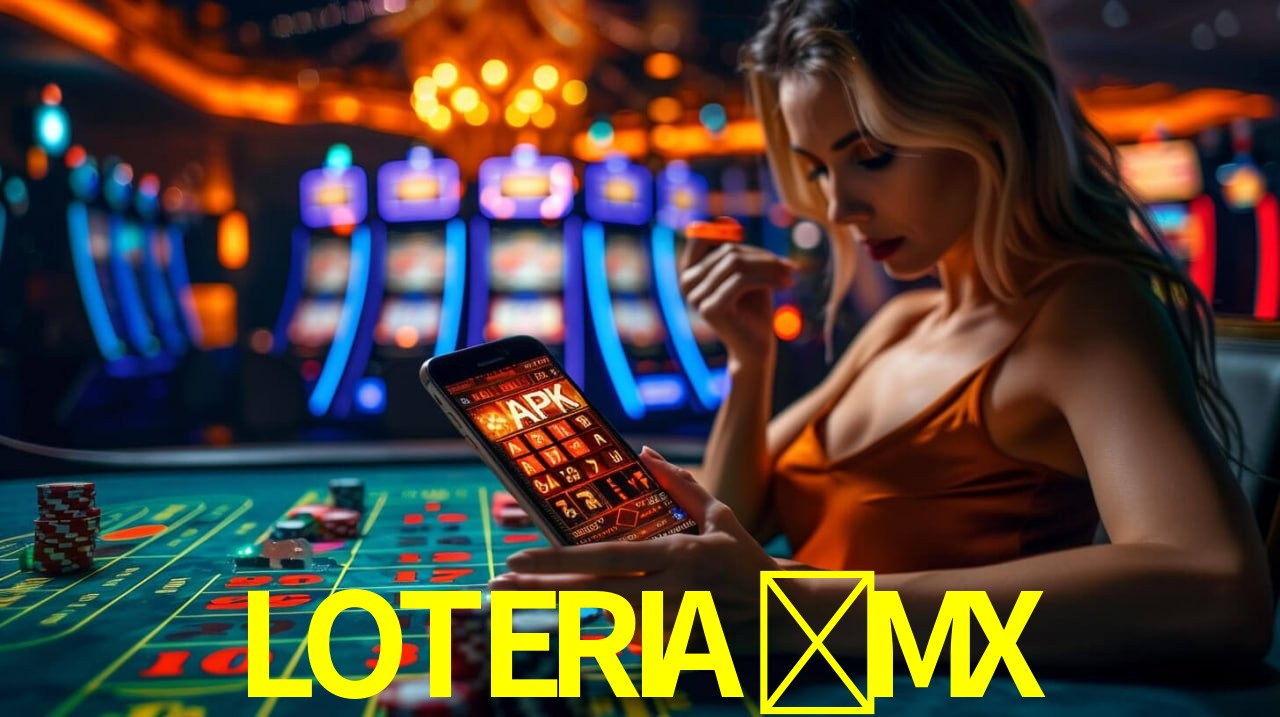 Una escena digital vívida inspirada en casino con LOTERIA-MX mostrado prominentemente, luces brillantes, fichas, cartas y acentos dorados.