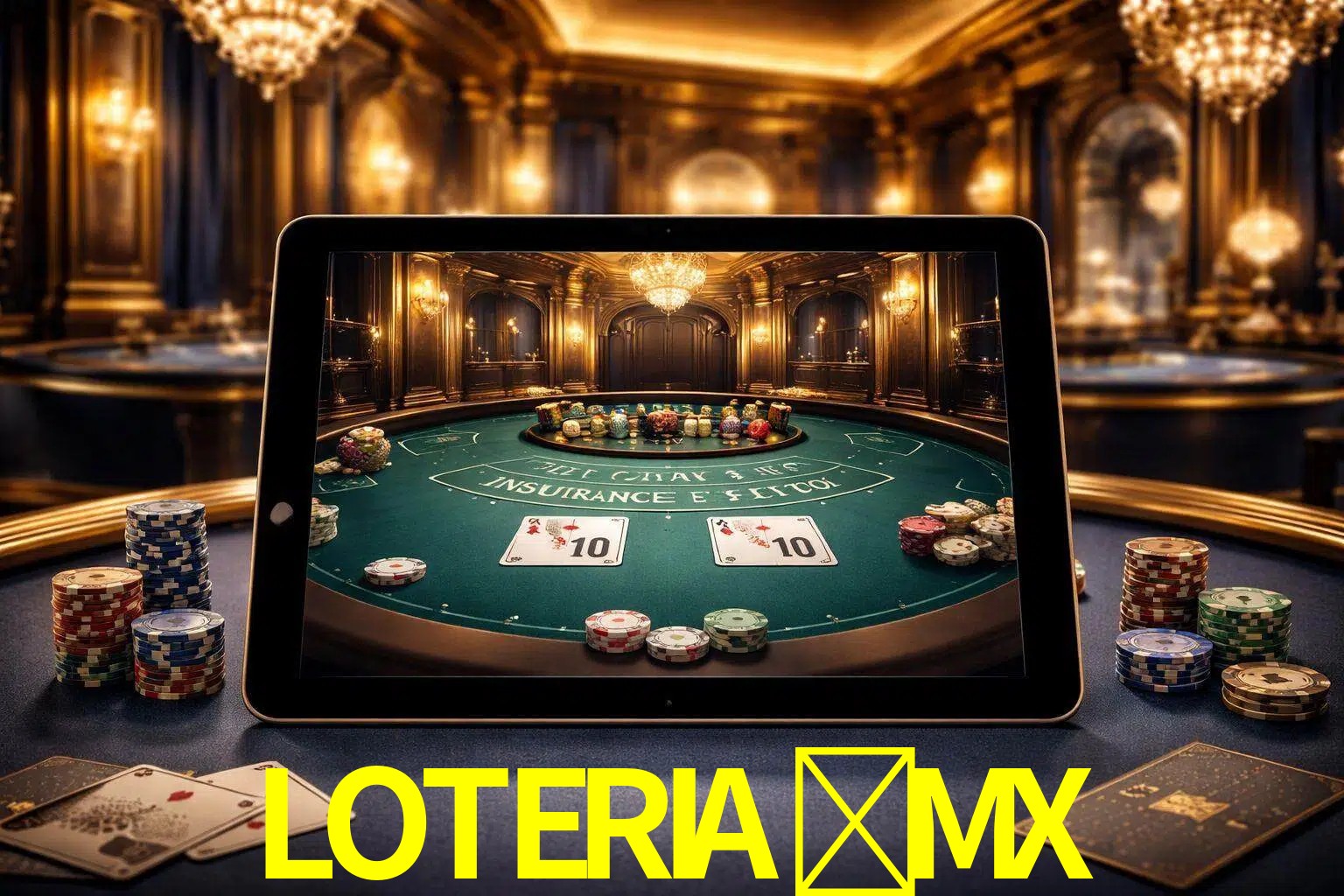 Configuración moderna de casino en vivo con una tableta mostrando una mesa de blackjack, luces cálidas de estudio y una atmósfera elegante de juegos digitales.