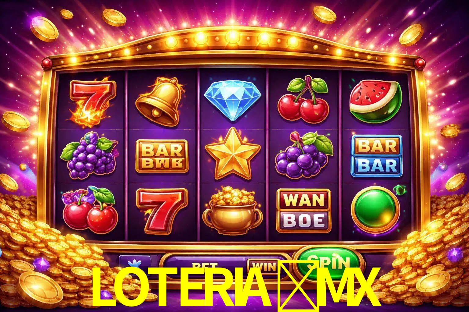 Una interfaz colorida de tragamonedas en línea con símbolos brillantes, monedas y un efecto de victoria celebratoria en LOTERIA-MX.